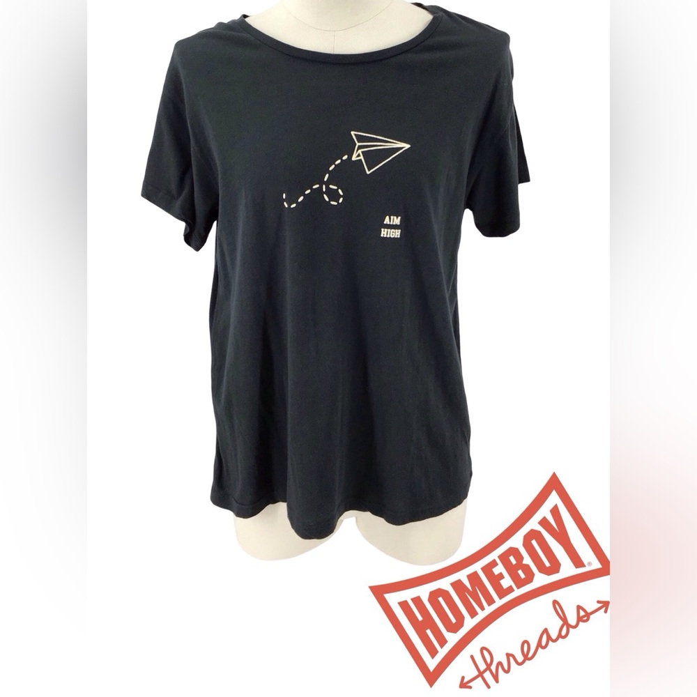 #35 LIVE Saturday School Black Graphic T-Shirt with Paper Airplane Design Size S